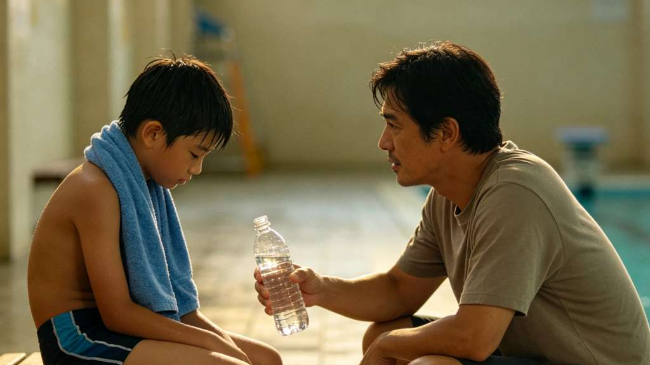 Supportive parent giving gentle positive feedback to a tired young child athlete after a sports game to build growth mindset and resilience