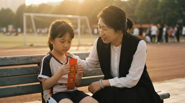 A gentle parent kneeling down to comfort a young disappointed child holding a second place ribbon on an outdoor sports field