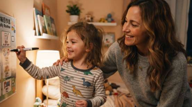 A young child happily checking off a daily habit on a simple visual bedtime routine chart in a cozy bedroom
