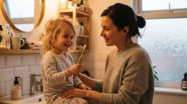 A patient parent kneeling beside a smiling young toddler holding an interactive toothbrush in a brightly lit bathroom