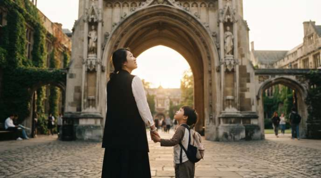 A parent and young child standing together at dusk looking at the grand historic stone entrance of a university campus