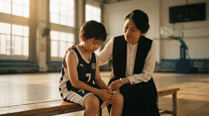 Supportive parent sitting quietly beside a discouraged young athlete on a bench offering genuine emotional comfort after losing a game