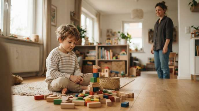 A young boy looking thoughtfully at a collapsed block tower while his parent observes quietly from a respectful distance without interfering