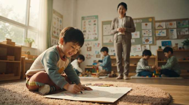 A young child sitting quietly at a wooden play table in a sunlit classroom, thoughtfully stacking colored wooden blocks, while a teacher sits nearby on a child-sized chair watching with a patient, gentle smile without interrupting