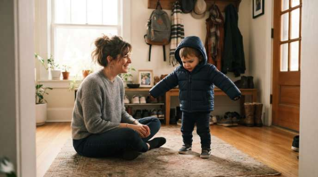 A tired mother sitting on the floor of a sunlit entryway smiling softly at her toddler who is trying to put on his shoes independently