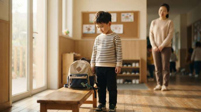 A young child standing in a sunlit preschool entryway looking thoughtfully at an empty cubby bench, while a supportive adult watches patiently in the background